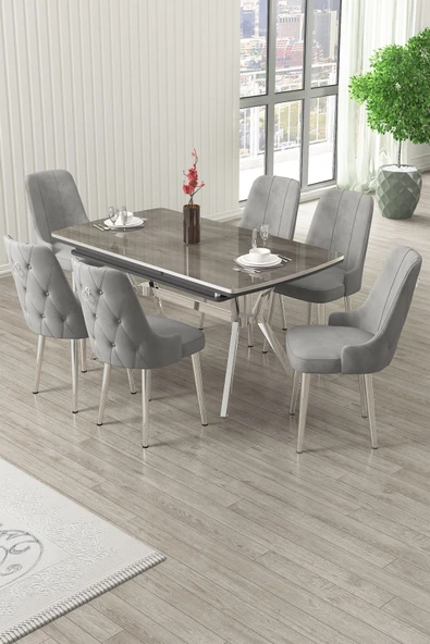 Canisa Nis Serisi 89x150 Açılabilir Lak Panel Antrasit İroni Krom Ayak Masa Takımı ve 6 Gri Sandalye ürün görseli 1