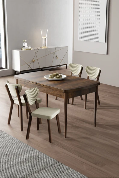 Canisa Exve Serisi 80x132 Açılabilir Barok Ahşap Desen Masa Takımı ve 4 Krem Sandalye ürün görseli 1
