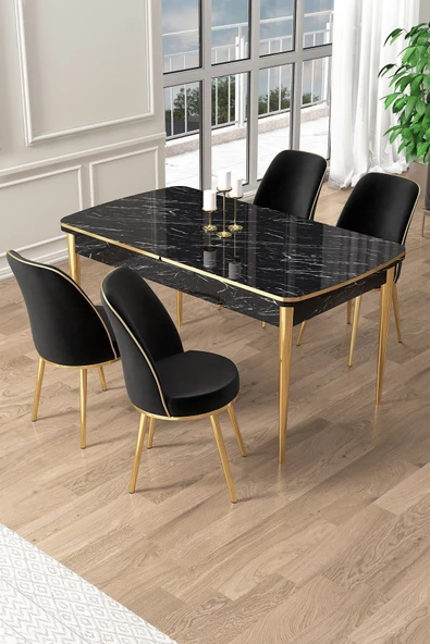 Canisa Pale Serisi 80x132 Açılabilir Siyah Mermer Desen Mutfak Masa Takımı 4 Siyah Sandalye Gold Detay ürün görseli 1