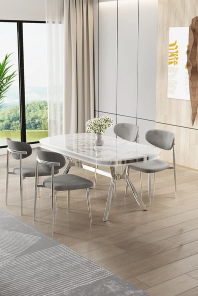 Canisa Olya Serisi 90x168 Lak Panel Beyaz Mermer Desen Masa Takımı Krom Ayaklı 4 Gri Sandalye ürün görseli 1