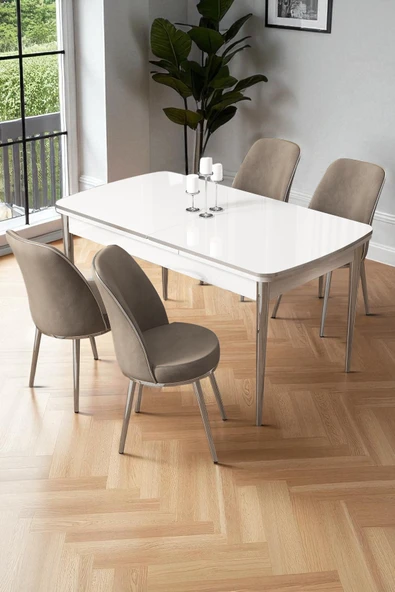 Canisa Nira Serisi 70x114 Mdf Açılabilir Beyaz Mutfak Masa Takımı 4 Cappucino Sandalye Krom Detay ürün görseli 1