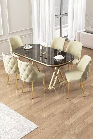 Canisa Afe Serisi 90x168 Lak Panel Antrasit Ironi Gold Ayak Masa Takımı 6 Krem Sandalye ürün görseli 1