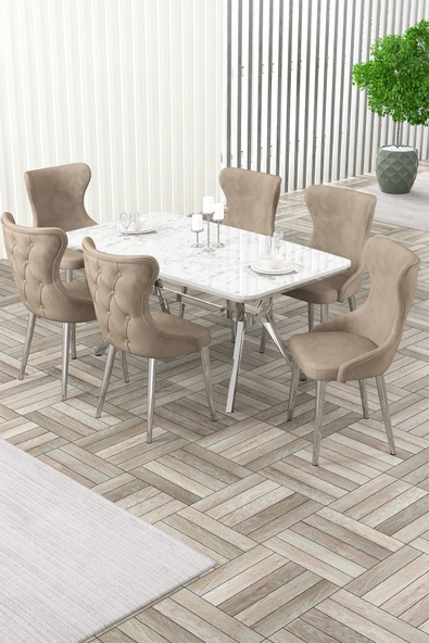 Canisa Esla Serisi 90x160 Lak Panel Beyaz Mermer Desen Krom Ayaklı Masa Takımı ve 6 Cappucino Sandalye ürün görseli 1