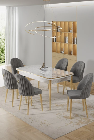 Canisa Rada Serisi 80x132 Açılabilir Lak Panel Beyaz Mermer Desen Masa 6 Gri Sandalye Gold Detay ürün görseli 1