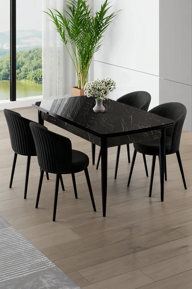 Canisa Asfel Serisi MDF 77x130 Siyah Mermer Desen Yandan Açılabilir Mutfak Masa Takımı 4 Siyah Sandalye ürün görseli 1