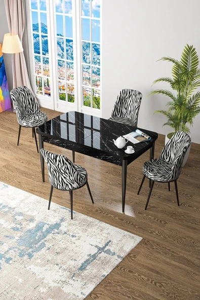 Canisa Kor Serisi 70x114 Açılabilir MDF Mutfak Masası Takımı Siyah Mermer Desen Masa 4 Zebra Desen Sandalye ürün görseli 1