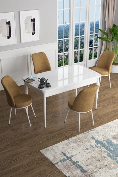 Canisa Han Serisi 70x114 Açılabilir Mdf Mutfak Masası Takımı Beyaz Masa 4 Cappucino Sandalye ürün görseli 1