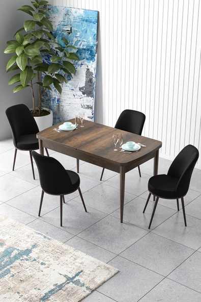 Canisa Concept Zen Serisi 80x132 Mdf Açılabilir Barok Ahşap Desen Masa Takımı Ve 4 Siyah Sandalye ürün görseli 1
