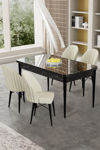 Canisa Gale Serisi 80x132 Açılabilir Lak Panel Siyah Mermer Desen Mutfak Masa Takımı 4 Krem Sandalye ürün görseli 1