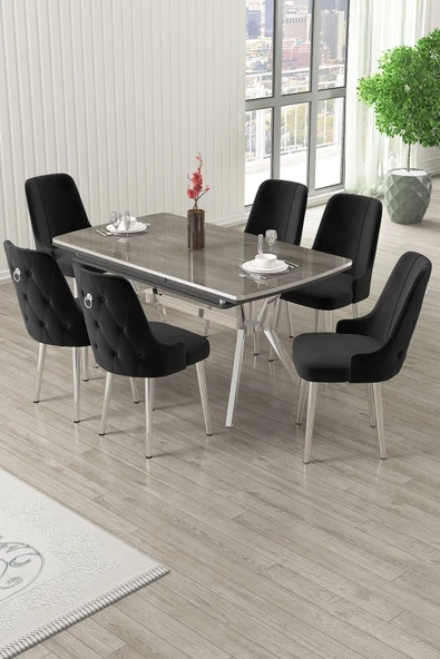 Canisa Nis Serisi 89x150 Açılabilir Lak Panel Antrasit İroni Krom Ayak Masa Takımı ve 6 Siyah Sandalye ürün görseli 1