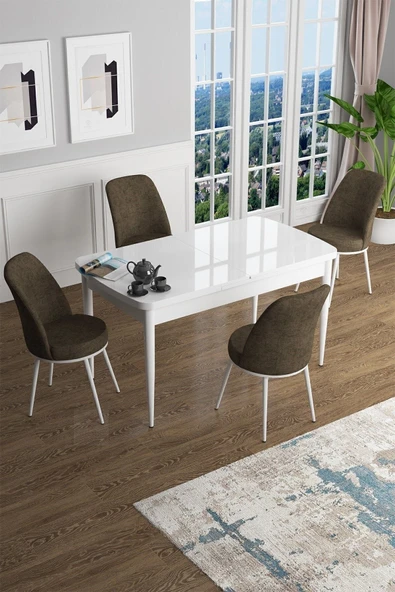 Canisa Han Serisi 70x114 Açılabilir Mdf Mutfak Masası Takımı Beyaz Masa 4 Kahverengi Sandalye ürün görseli 1