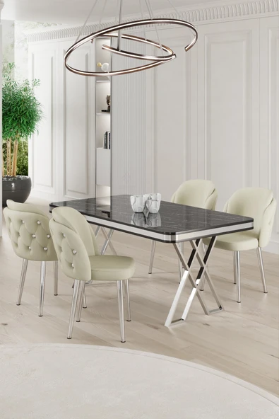 Canisa Rigel Serisi 80x130 Lak Panel Siyah Mermer Desen Masa Takımı Krom Ayaklı 4 Krem Sandalye ürün görseli 1