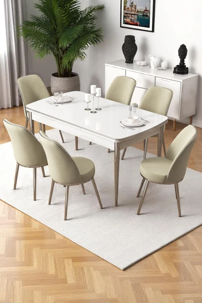 Canisa Nira Serisi 70x114 Mdf Açılabilir Beyaz Masa Takımı 6 Krem Sandalye Krom Detay ürün görseli 1