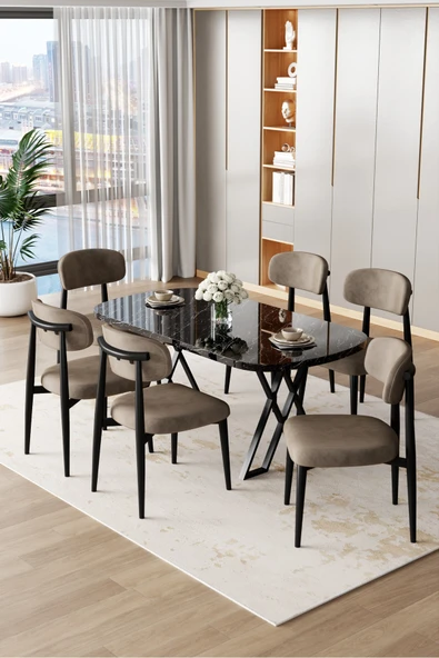 Canisa Jolin Serisi Mdf 90x168 Siyah Mermer Desen Masa Takımı 6 Cappucino Metal Sandalye ürün görseli 1