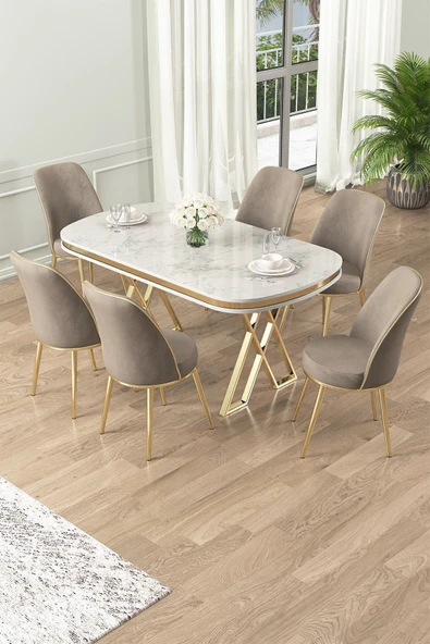 Canisa Lai Serisi 90x168 Lak Panel Beyaz Mermer Desen Gold Ayak Masa Takımı 6 Cappucino Sandalye ürün görseli 1