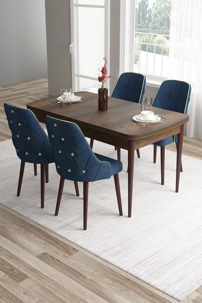 Canisa Tia Serisi 80x132 Açılabilir Mdf Mutfak Masası Takımı Barok Desen Masa 4 Lacivert Sandalye ürün görseli 1