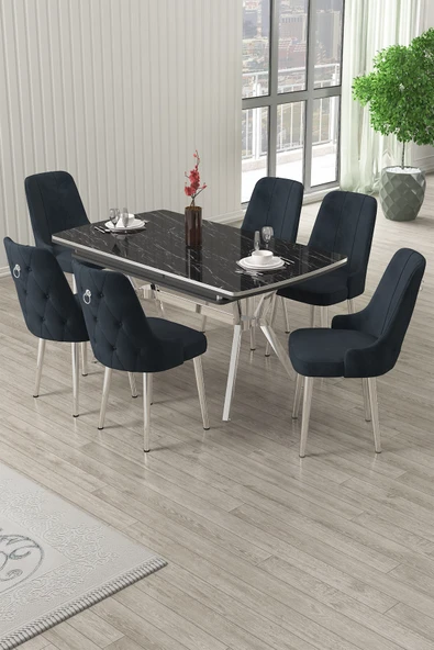 Canisa Nis Serisi 89x150 Açılabilir Lak Panel Siyah Mermer Krom Ayak Masa Takımı ve 6 Antrasit Sandalye ürün görseli 1