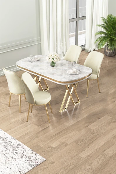 Canisa Lai Serisi 90x168 Rampla Gri Masa ve 4 Krem Sandalye Gold Kaplama Ayak ürün görseli 1