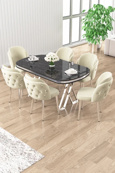 Canisa Zae Serisi 90x168 Lak Panel Siyah Mermer Desen Masa Takımı Krom Ayaklı 6 Krem Sandalye ürün görseli 1