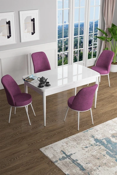 Canisa Han Serisi 70x114 Açılabilir Mdf Mutfak Masası Takımı Beyaz Masa 4 Mor Sandalye ürün görseli 1