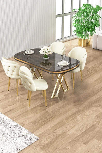 Canisa Zae Serisi 90x168 Lak Panel Antrasit Ironi Gold Ayak Masa Takımı 4 Krem Sandalye ürün görseli 1
