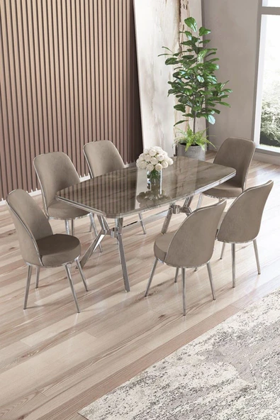 Canisa Lena Serisi 90x160 Lak Panel Antrasit İroni Krom Kaplama Ayaklı Masa Takımı ve 6 Cappucino Sandalye ürün görseli 1