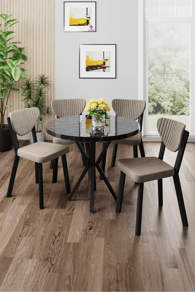 Canisa Agnes Serisi 90x90 Yuvarlak Siyah Mermer Desen Masa Takımı ve 4 Cappucino Sandalye ürün görseli 1