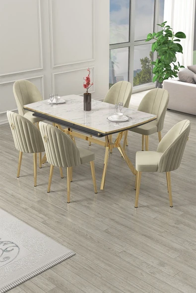 Canisa Sim Serisi 89x150 Açılabilir Lak Panel Beyaz Mermer Desen Masa Takımı 6 Krem Sandalye ürün görseli 1