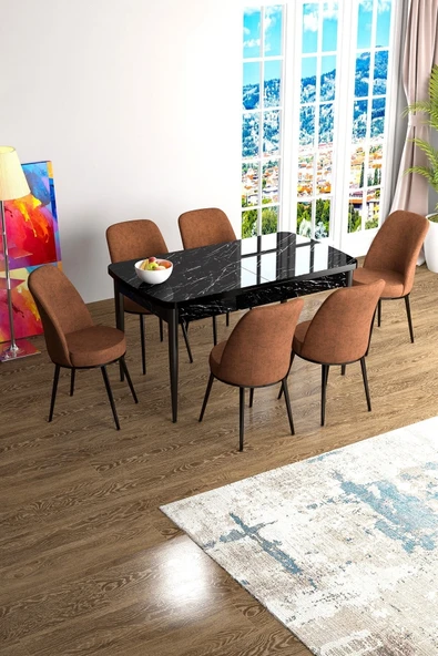 Canisa Han Serisi, Siyah Mermer Desen 70x114, Açılabilir Mdf Mutfak Masa Takımı, 6 Kiremit Sandalye ürün görseli 1