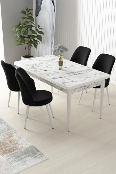 Canisa Nil Serisi 70x110 Sabit Mutfak Masası Takımı Beyaz Mermer Desen Masa 4 Siyah Sandalye ürün görseli 1