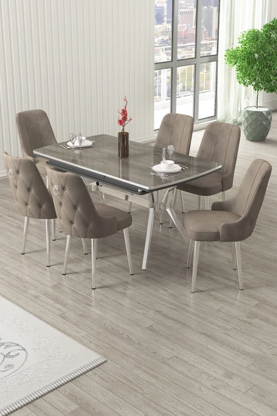 Canisa Nis Serisi 89x150 Açılabilir Lak Panel Antrasit İroni Krom Ayak Masa Takımı ve 6 Cappucino Sandalye ürün görseli 1