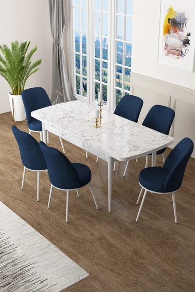 Canisa Concept Zen Serisi 80x132 Mdf Açılabilir Beyaz Mermer Desen Masa Takımı Ve 6 Lacivert Sandalye ürün görseli 1