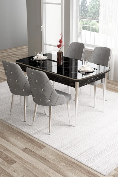 Canisa Tia Serisi 80x132 Mdf Açılabilir Siyah Mermer Desen Krom Detay Masa Takımı Ve 4 Gri Sandalye ürün görseli 1