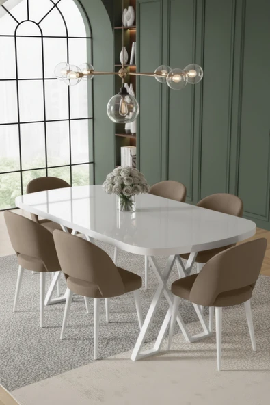 Canisa Arvon Serisi MDF 90x168 Sabit Beyaz Mutfak Masa Takımı 6 Cappucino Sandalye ürün görseli 1