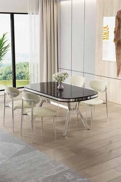 Canisa Olya Serisi 90x168 Lak Panel Sonata Masa Takımı Krom Ayaklı 4 Krem Sandalye ürün görseli 1