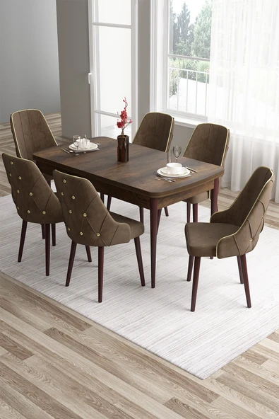 Canisa Tia Serisi 80x132 Açılabilir Mdf Barok Ahşap Desen Gold Detay Mutfak Masası Ve 6 Kahverengi Sandalye ürün görseli 1
