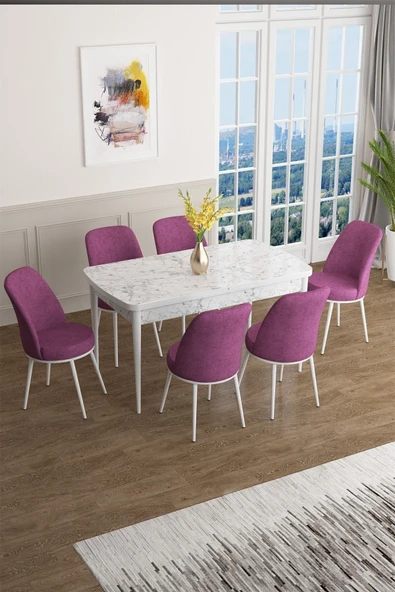 Canisa Han Serisi 70x114 Açılabilir Mdf Mutfak Masası Takımı Beyaz Mermer Desen Masa 6 Mor Sandalye ürün görseli 1