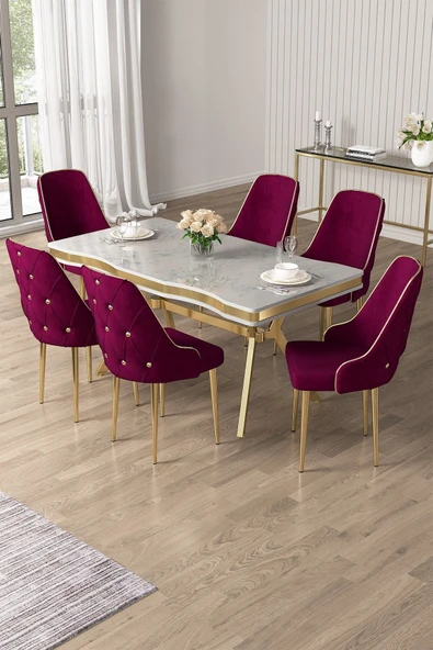 Canisa Vae Serisi 90x160 Lak Panel Beyaz Mermer Desen Gold Ayak Masa Takımı 6 Mürdüm Sandalye ürün görseli 1