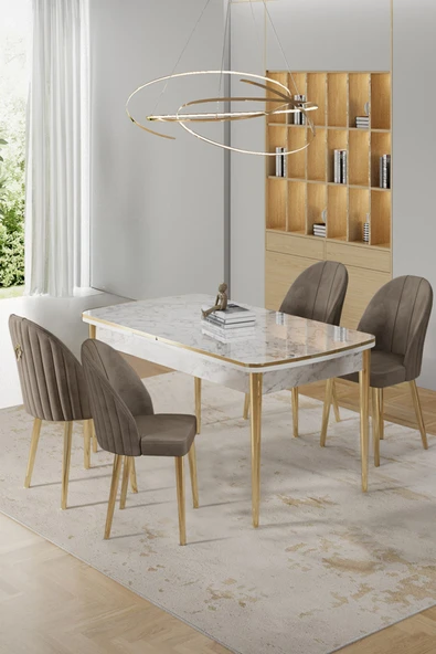 Canisa Rada Serisi 80x132 Açılabilir Lak Panel Beyaz Mermer Desen Masa 4 Cappucino Sandalye Gold Detay ürün görseli 1