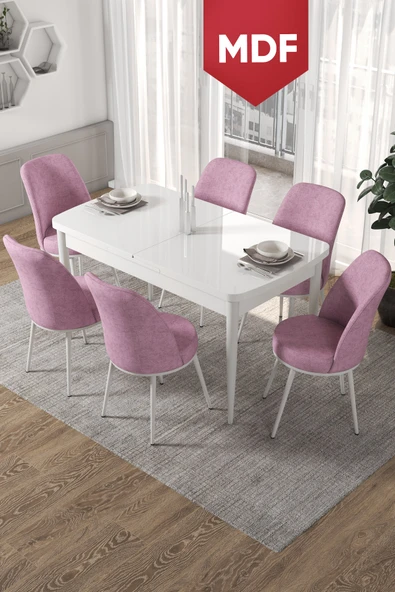Canisa Kor Serisi, Beyaz Açılabilir MDF 70x114 Yemek Masa Takımı 6 Pembe Sandalye ürün görseli 1