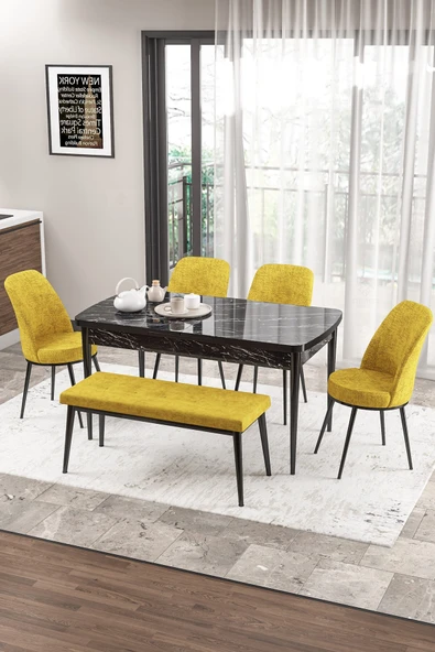 Canisa Zen Serisi 80x132 Mdf Açılabilir Siyah Mermer Desen Masa Takımı 4 Hardal Sandalye Ve 1 Bench ürün görseli 1