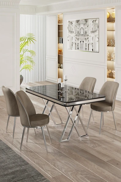 Canisa Vals Serisi 80x130 Lak Panel Siyah Mermer Desen Masa Takımı Krom Ayaklı 4 Cappucino Sandalye ürün görseli 1