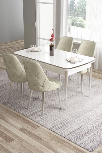 Canisa Tia Serisi 80x132 Açılabilir Mdf Krom Detay Beyaz Masa Takımı Ve 4 Krem Sandalye ürün görseli 1