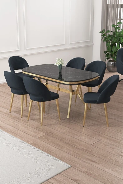 Canisa Jita Serisi 90x168 Lak Panel Siyah Mermer Gold Ayak Masa Takımı ve 6 Antrasit Sandalye ürün görseli 1