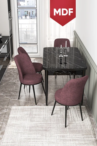 Canisa Kor Serisi, Siyah Mermer Desen 70x114 Açılabilir MDF Yemek Masası Takımı, 4 Gülkurusu Sandalye ürün görseli 1