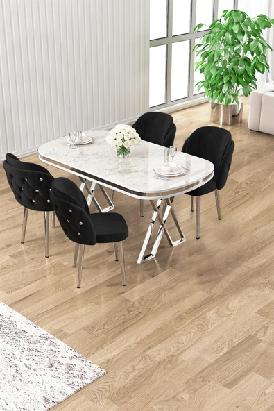 Canisa Zae Serisi 90x168 Lak Panel Beyaz Mermer Desen Krom Ayak Masa Takımı 4 Siyah Sandalye ürün görseli 1