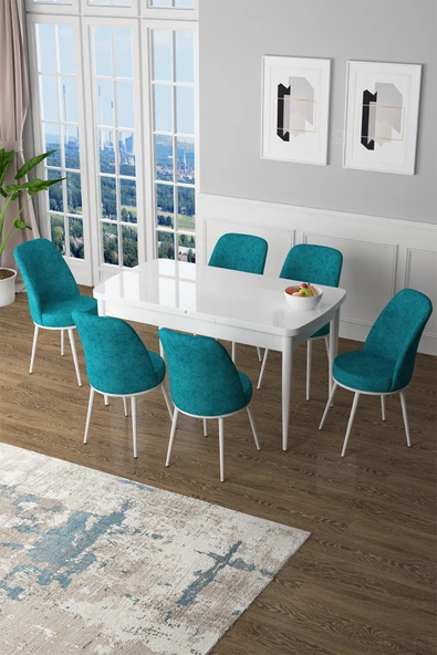 Canisa Zen Serisi 80x132 Mdf Açılabilir Beyaz Masa Takımı Ve 6 Turkuaz Sandalye ürün görseli 1