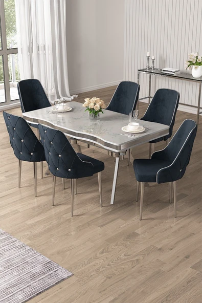 Canisa Vae Serisi 90x160 Lak Panel Beyaz Mermer Desen Krom Ayak Masa Takımı 6 Antrasit Sandalye ürün görseli 1