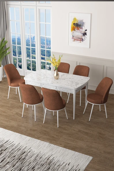 Canisa Zen Serisi 80x132 Mdf Açılabilir Beyaz Mermer Desen Masa Takımı Ve 6 Kiremit Sandalye ürün görseli 1