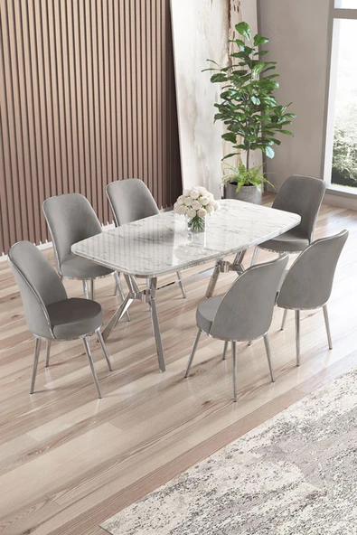 Canisa Lena Serisi 90x160 Lak Panel Beyaz Mermer Desen Krom Kaplama Ayaklı Masa Takımı ve 6 Gri Sandalye ürün görseli 1